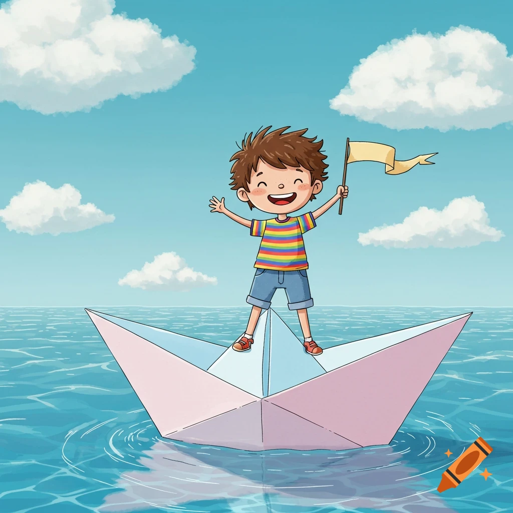A happy cartoon boy with spiky brown hair, wearing a striped shirt and shorts, stands on a pink and blue origami boat on the water, holding a flag.