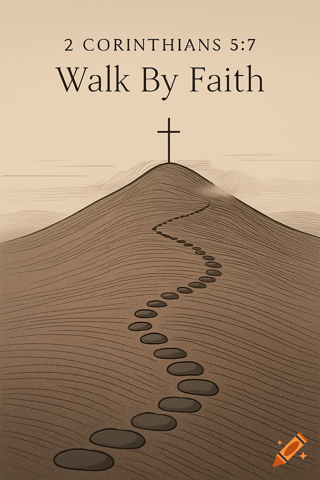 Illustration of a hill with a path of stones leading to a cross on the summit, with '2 Corinthians 5:7 Walk By Faith' text.