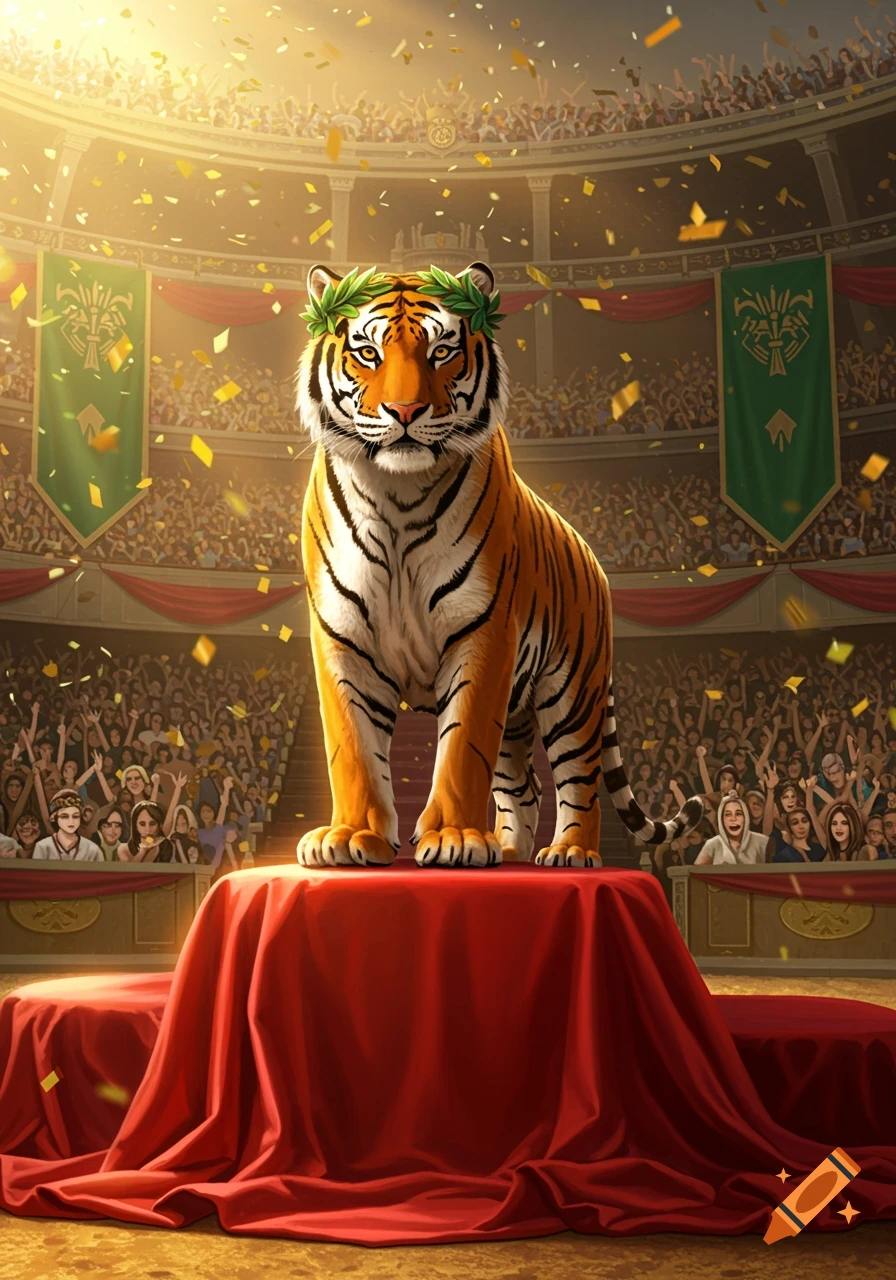 A majestic tiger wearing a laurel wreath stands on a red podium in a grand coliseum as confetti falls and a cheering crowd watches.