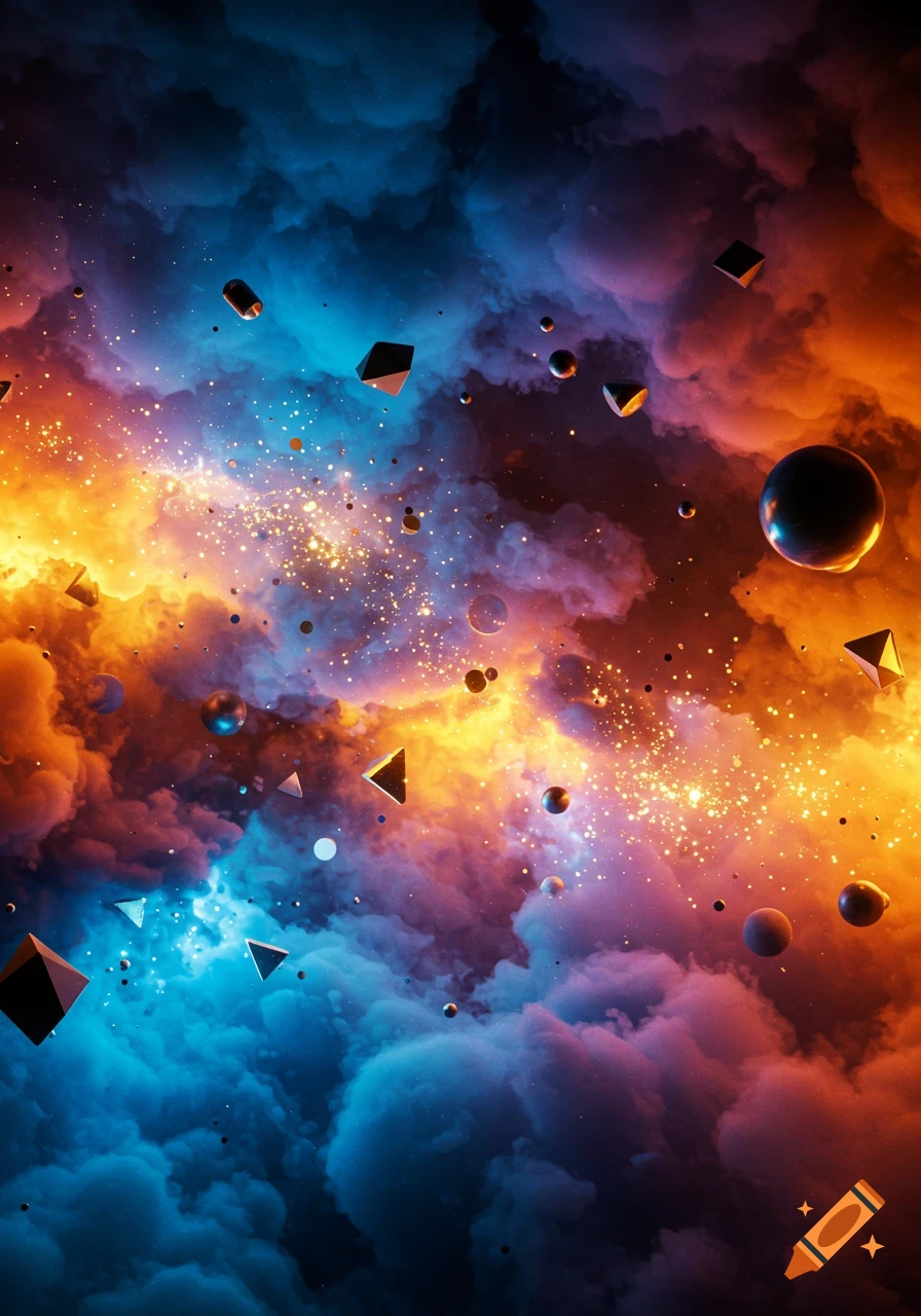 Vibrant nebula with orange, blue, and purple clouds, glowing particles, and floating geometric shapes.