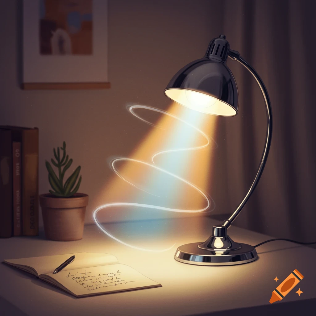 Photorealistic metallic desk lamp illuminating an open notebook with a pen, surrounded by books and a plant on a desk, with swirling light effects.