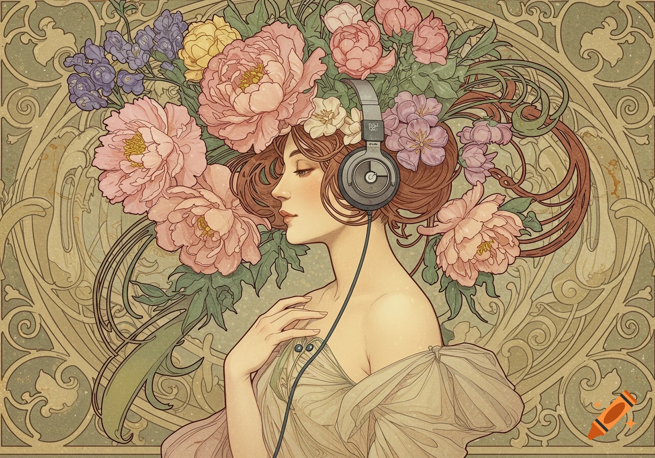 Art Nouveau illustration of a woman wearing headphones, with an abundance of colorful flowers adorning her hair.