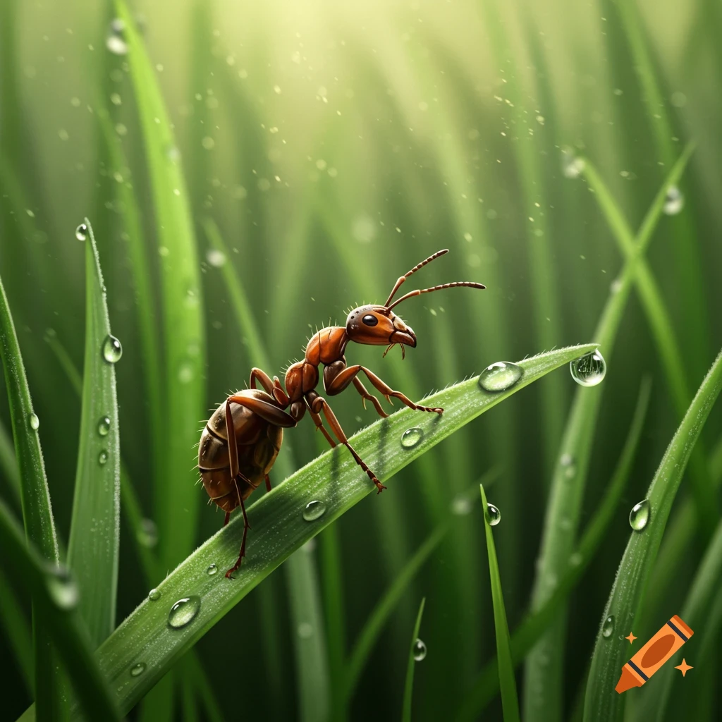 A detailed close-up of a reddish-brown ant crawling on a green blade of grass adorned with clear dew drops, bathed in soft sunlight.