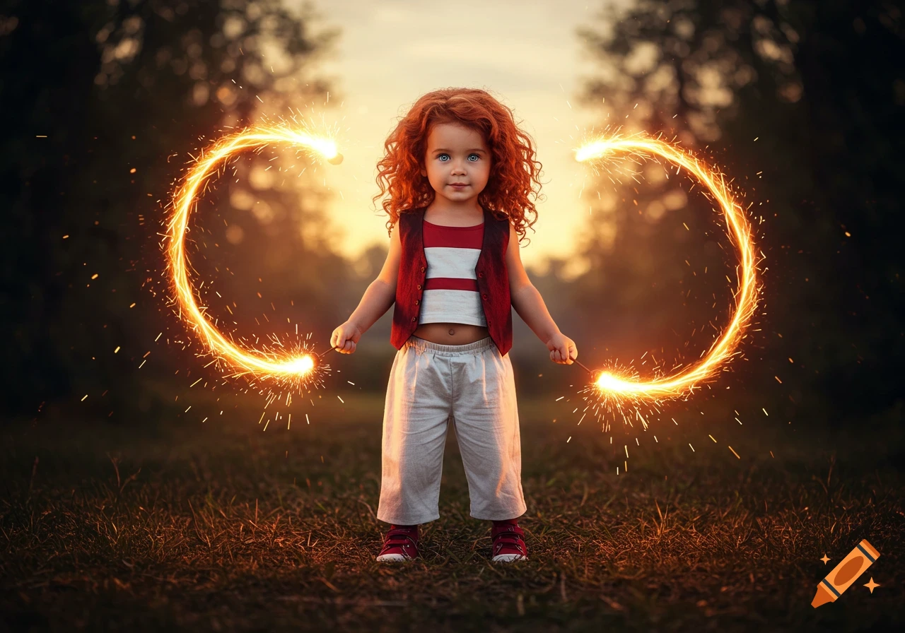 A young child with red hair and blue eyes stands outdoors at sunset, holding two sparklers forming large glowing arcs.