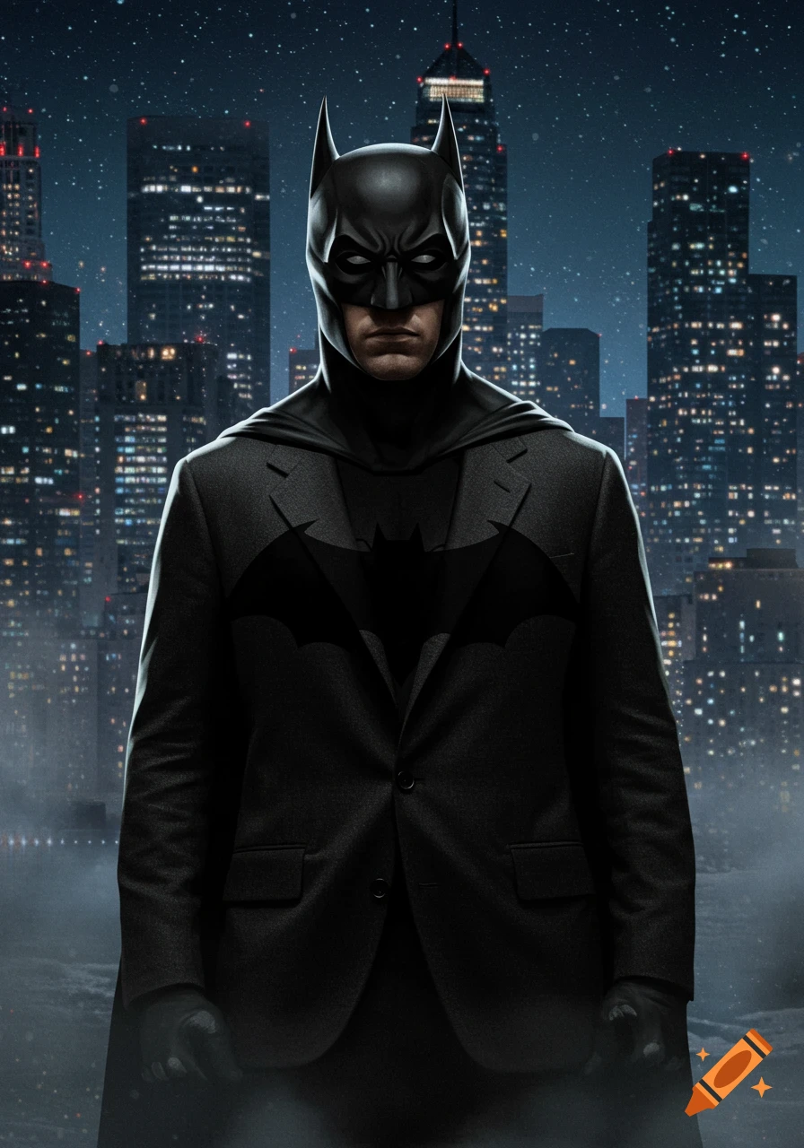 Photorealistic image of Batman in a black suit with his mask and cape, standing against a dark city skyline at night.