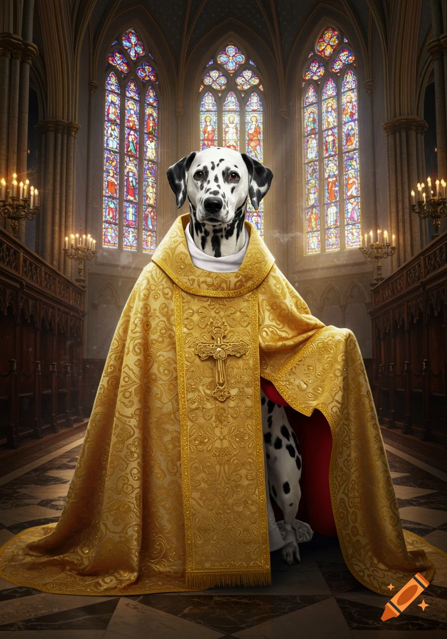 A Dalmatian dog wearing an ornate gold liturgical vestment stands in a church with stained glass windows.