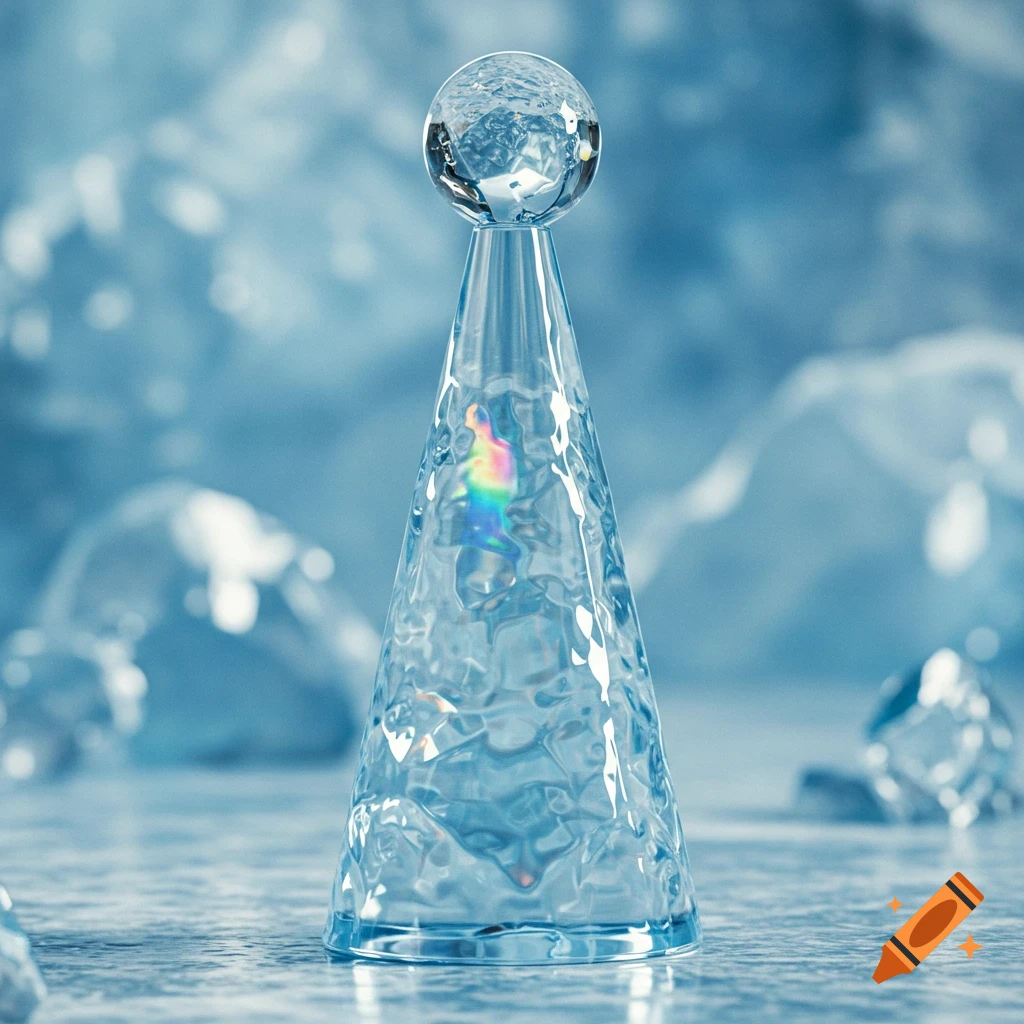 A clear, conical glass trophy with a textured surface and a perfect sphere on top, surrounded by ice in a cold, blue setting.