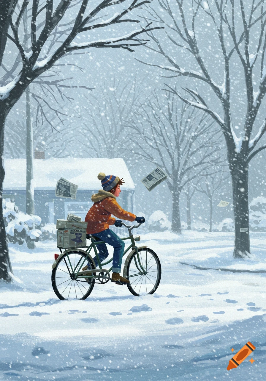 An illustration of a young boy on a bicycle, delivering newspapers during a blizzard, with snow falling and trees covered in white.