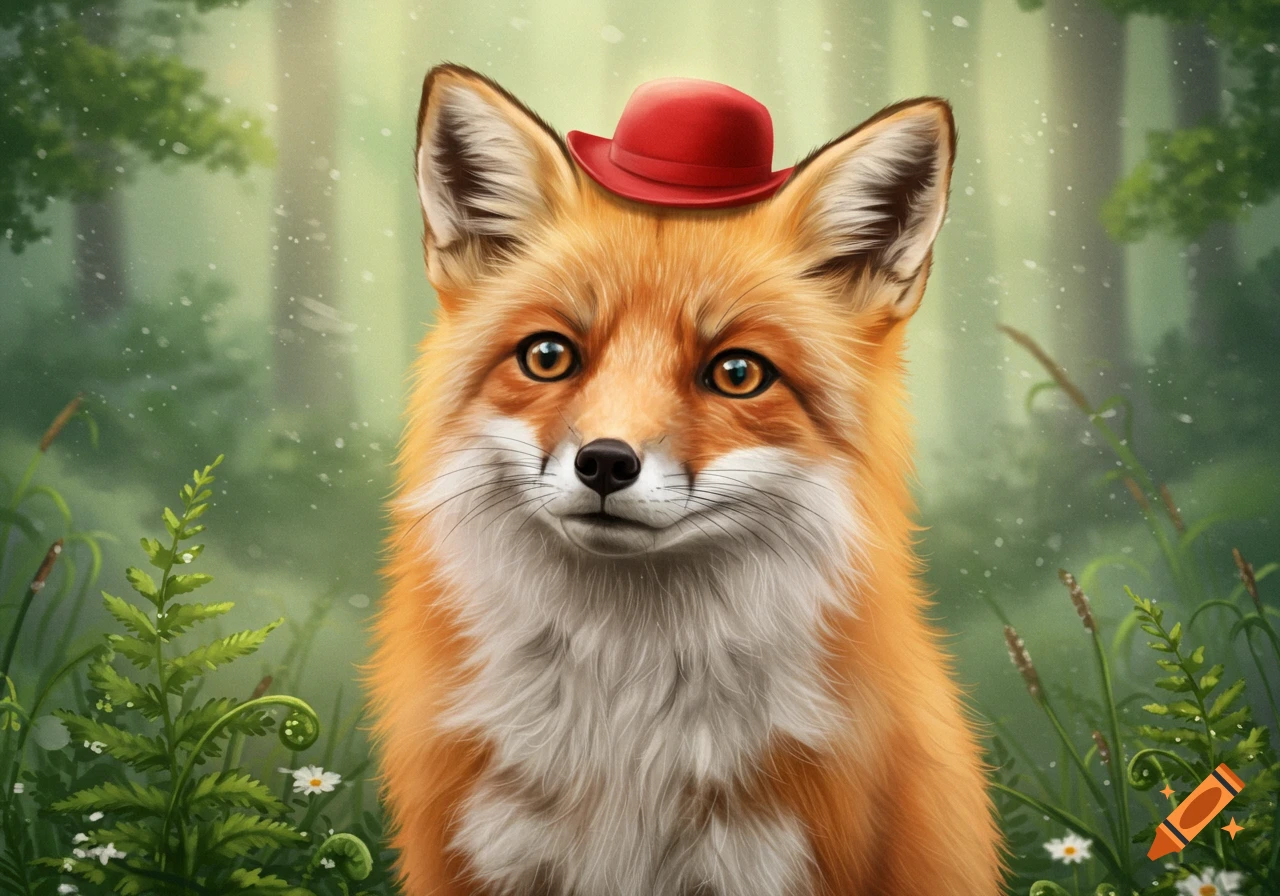 A cute orange and white fox wearing a red hat looks forward in a lush green forest.