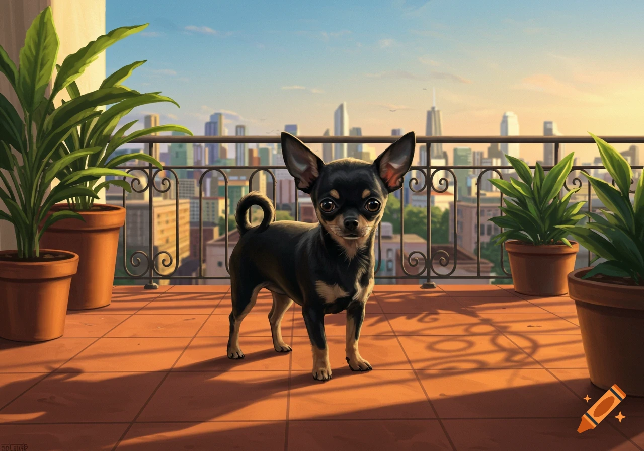 A black chihuahua stands on a tiled balcony with potted plants, overlooking a city skyline at sunset in a digital art style.