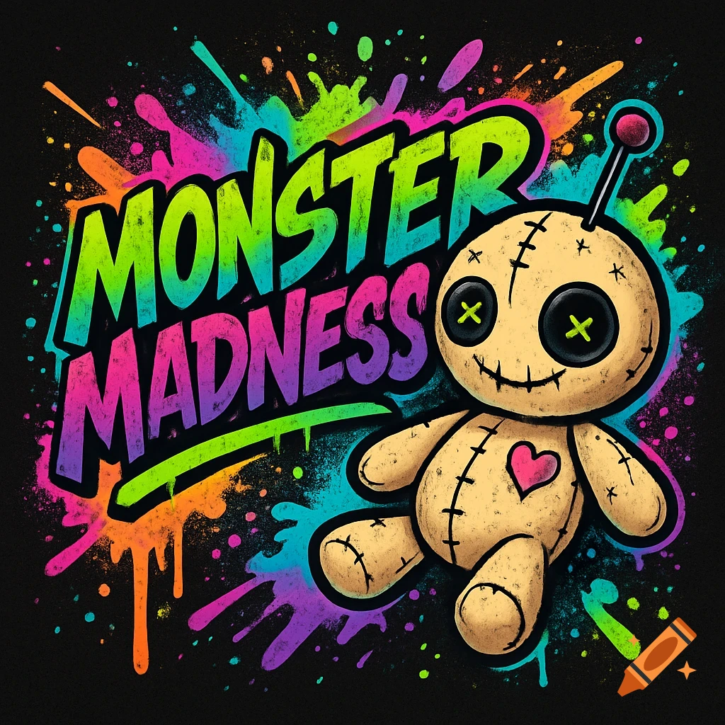 Colorful graffiti art featuring 'Monster Madness' text and a cute voodoo doll with button eyes and a heart patch.
