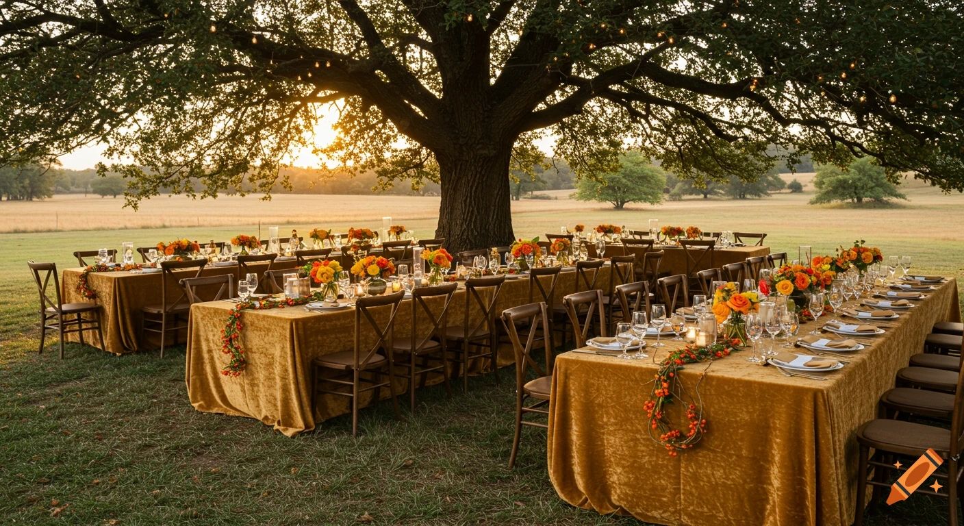Photorealistic view of long dinner tables with gold velvet tablecloths and floral arrangements set under a large oak tree in a grassy field at sunset.