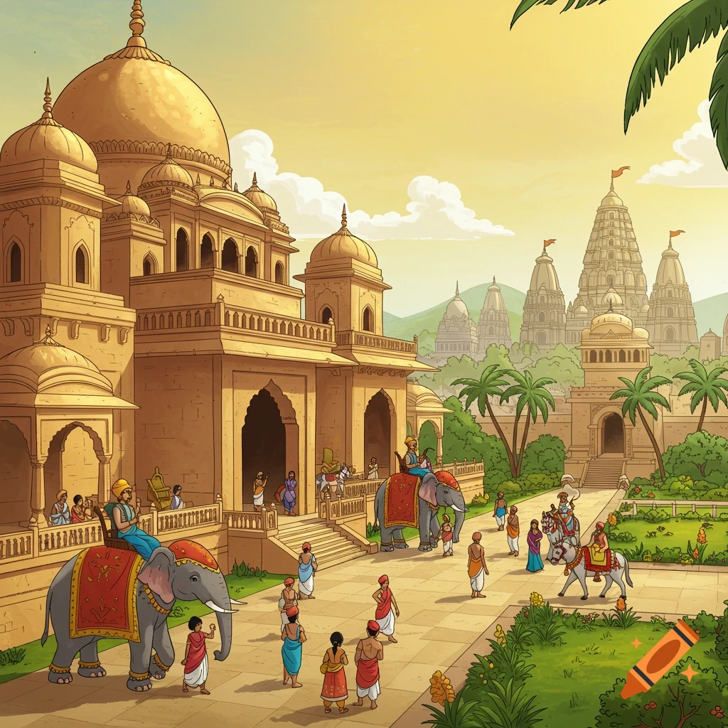 Colorful 2D cartoon of an ancient Indian kingdom with a grand palace, elephants, horses, and people in a royal courtyard.