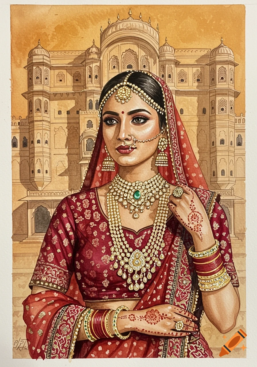 Vibrant watercolor painting of a woman in traditional red Rajasthani attire with elaborate jewelry, standing before an old palace.