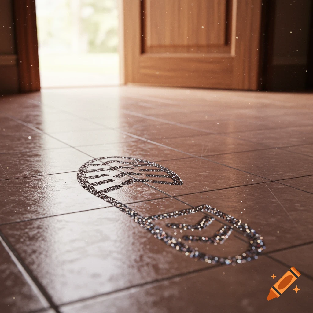 A sparkling, glitter-outlined shoe print on a tiled floor leading towards an open sunlit doorway.