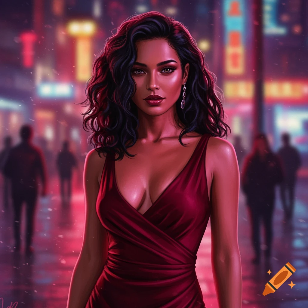 A woman with dark wavy hair and a red dress stands in a vibrant, neon-lit city street at night, looking forward. Digital art style.