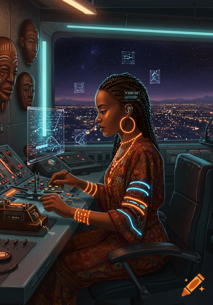 An Afrofuturist woman with braided hair works at a futuristic control panel with holographic screens displaying data, looking out at a city skyline under a starry night sky.