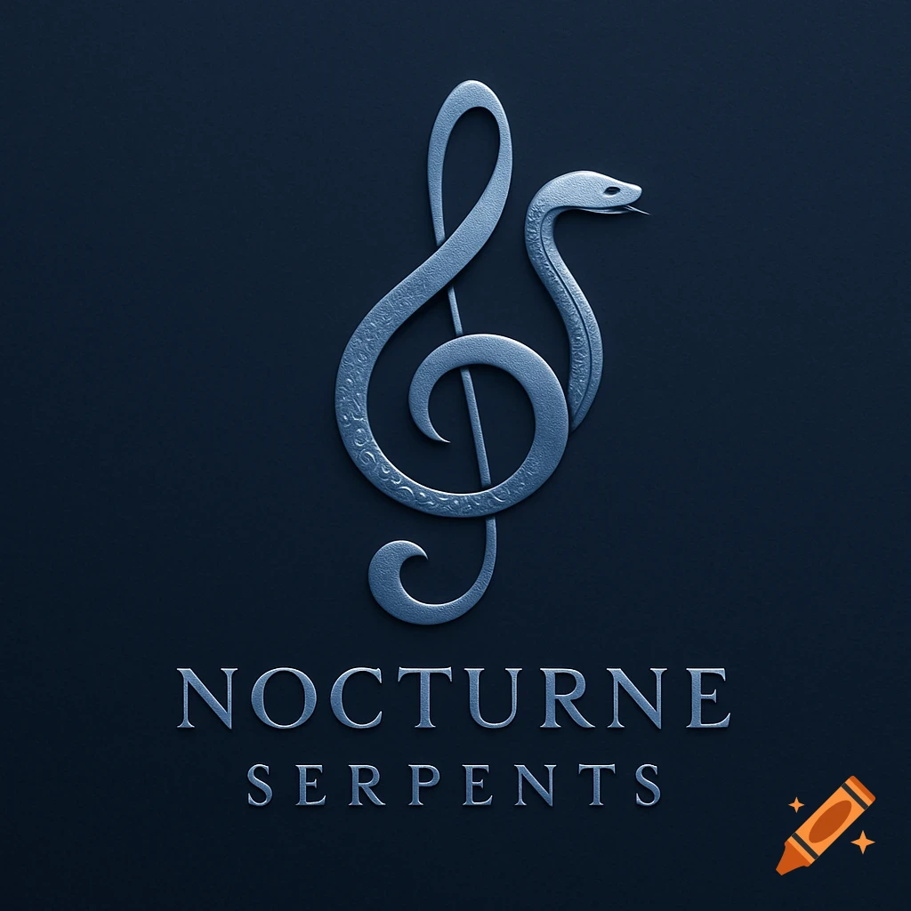 A silver treble clef entwined with a snake, forming a logo on a dark blue background. Text reads 'NOCTURNE SERPENTS'.