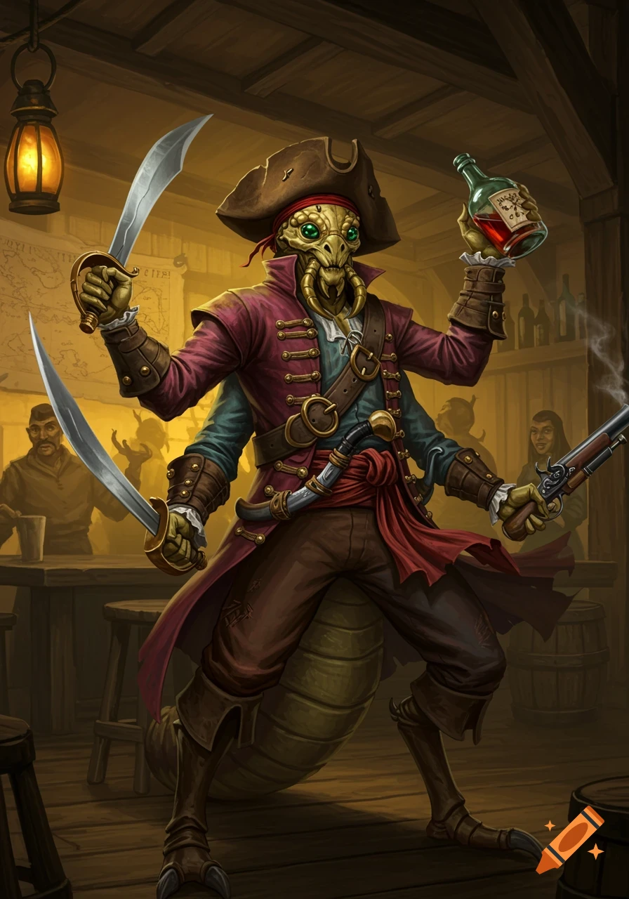 A four-armed Thri-kreen pirate in a tavern, wielding two cutlasses, a flintlock pistol, and a bottle of rum.