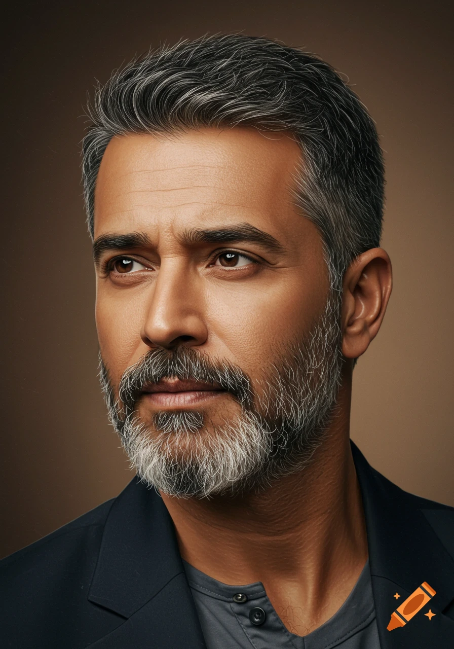 A photorealistic portrait of a handsome man in his late forties with graying dark hair and a short gray beard, looking thoughtfully to the left.