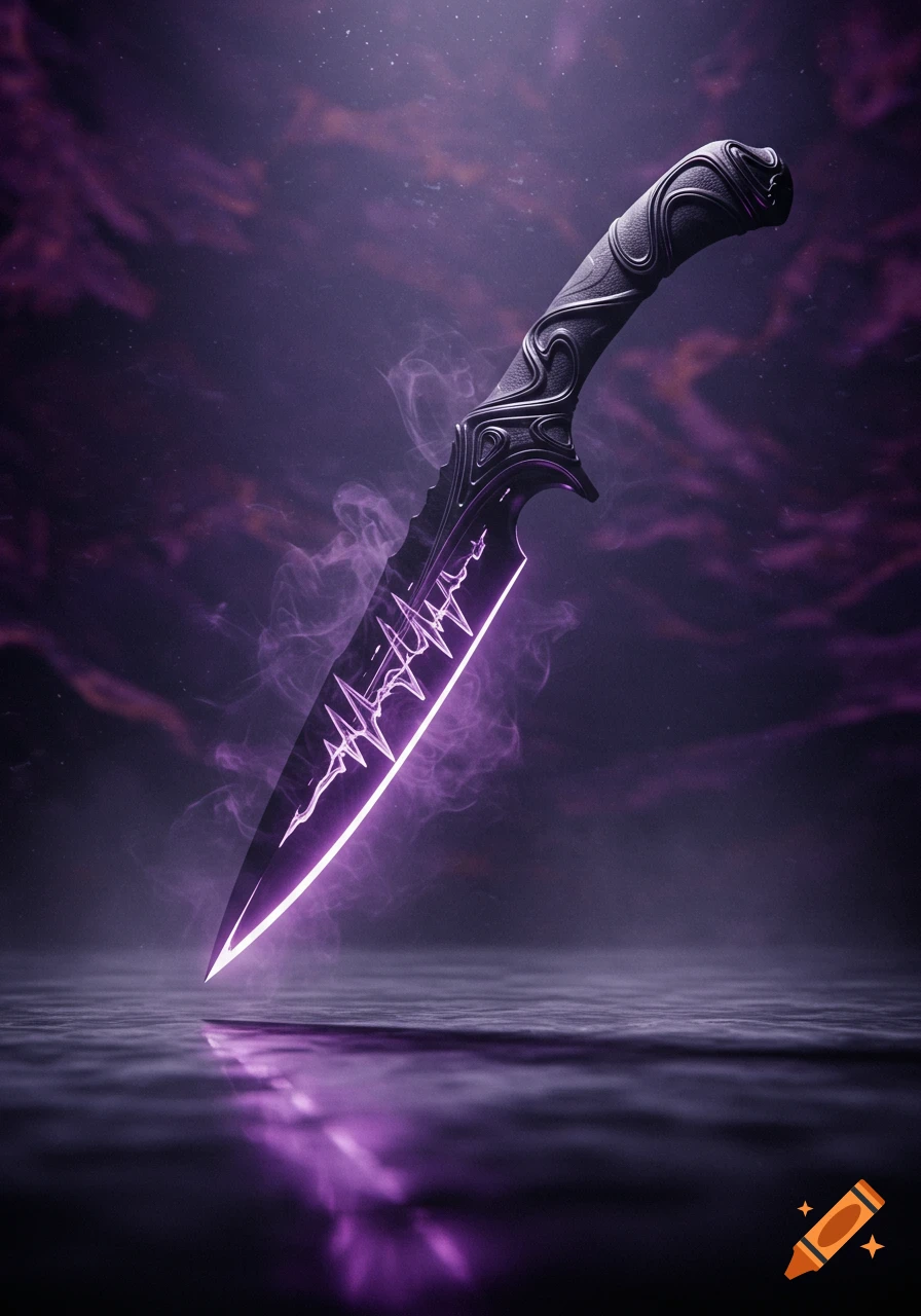 A stylized black and purple fantasy knife with a glowing sound wave pattern on its blade, standing in water with reflections.