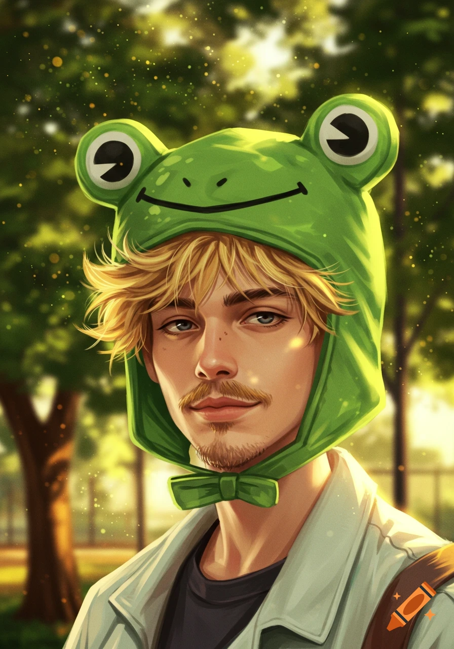 A blonde anime man with a mustache and goatee wearing a green frog hat, smiling in a sunny, blurry park.