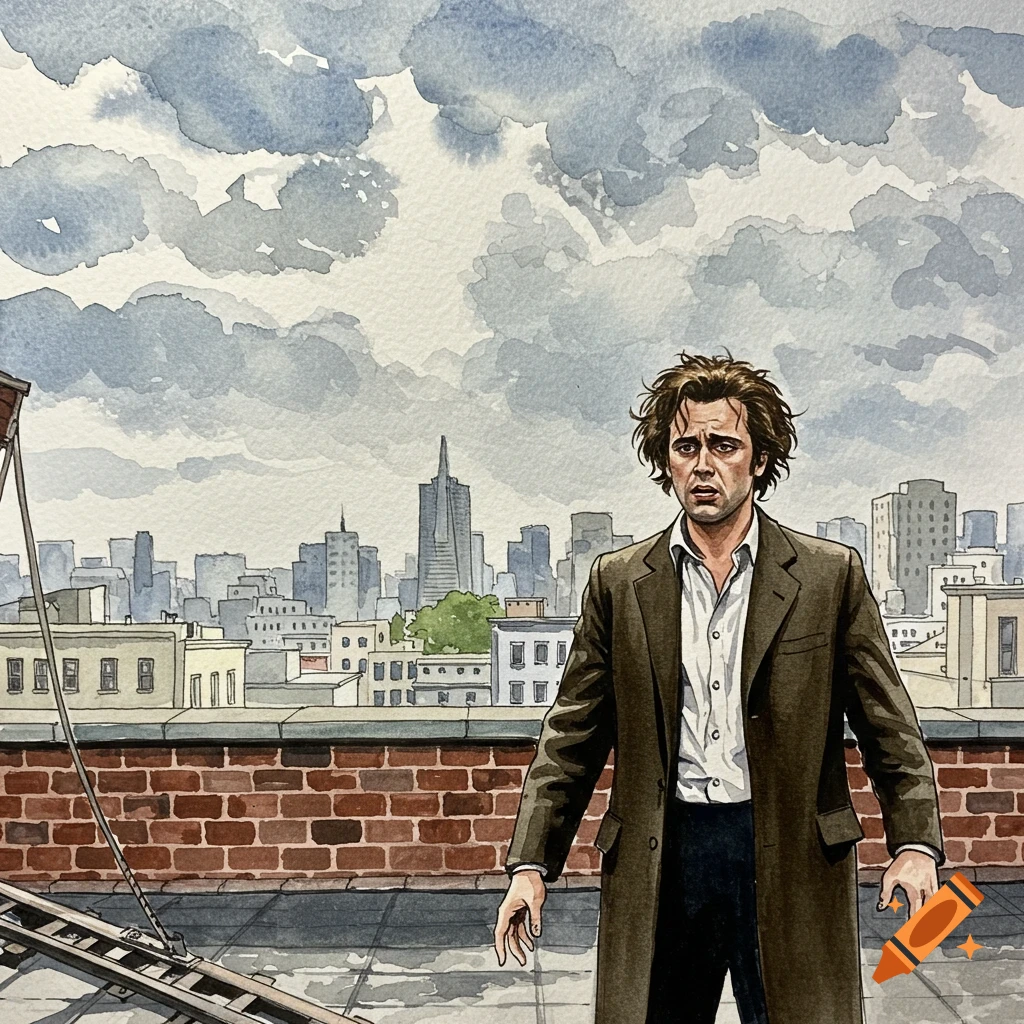 A distressed man on a rooftop overlooking a cityscape under a cloudy sky, in watercolor style.