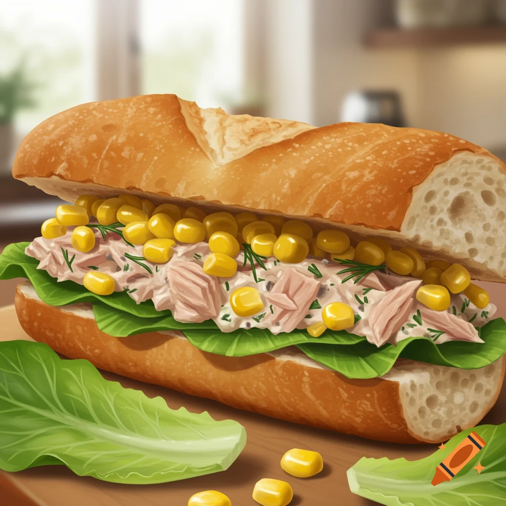 A close-up of a tuna and sweetcorn sub sandwich on a wooden surface, with lettuce and corn kernels scattered around, in a digital painting style.