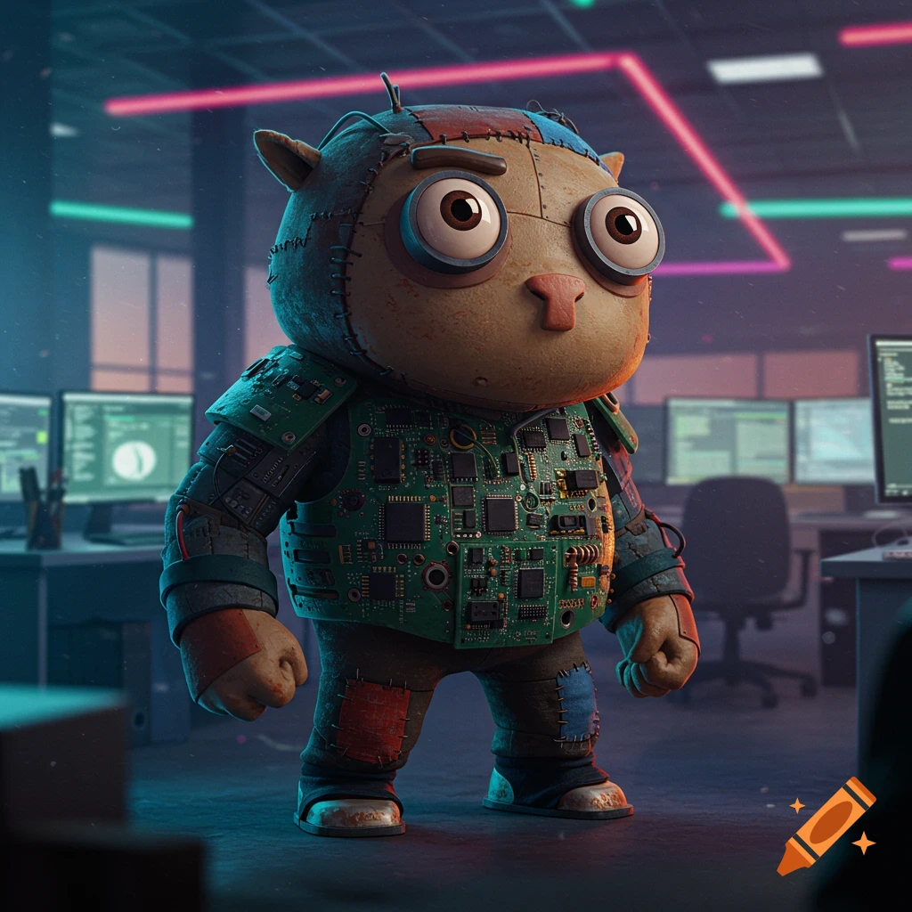 A stylized 3D rendering of a wide-eyed mascot made of patched fabric and circuit boards, standing in a neon-lit IT office.
