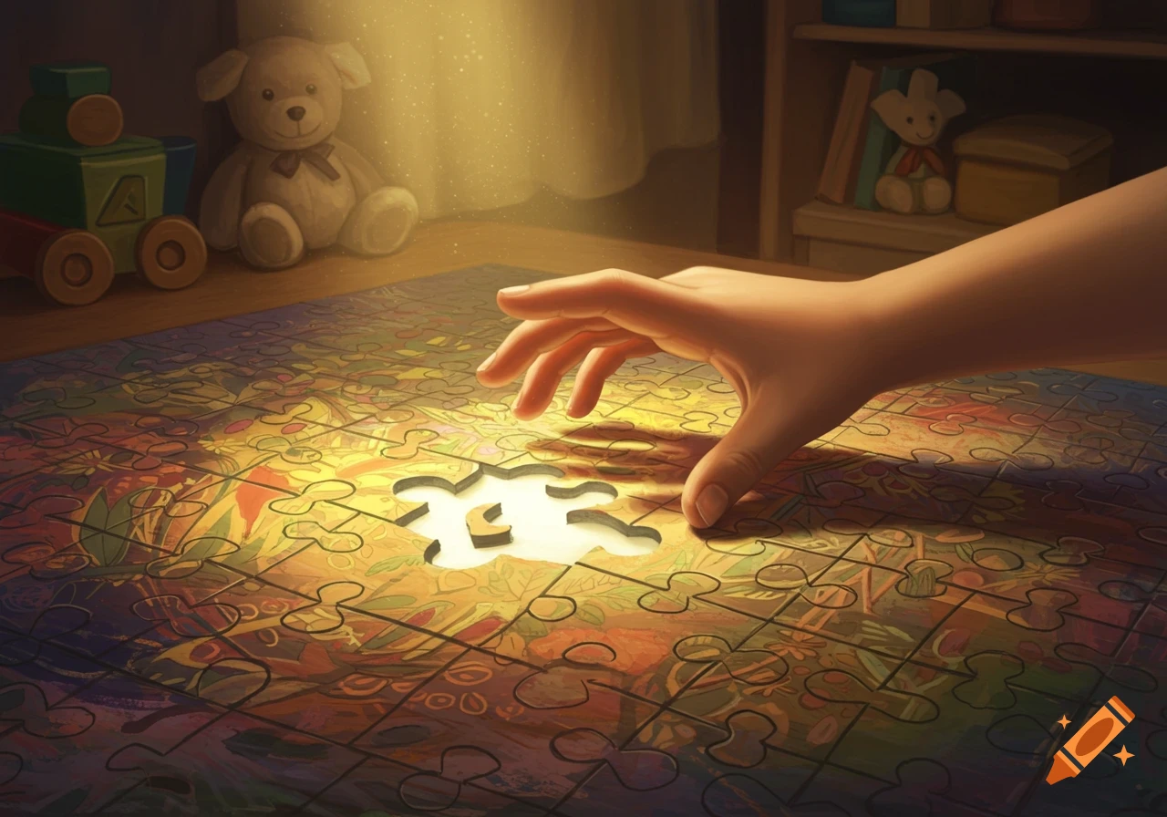 A child's hand reaches toward a missing puzzle piece glowing with light on a table with toys in the background. Illustrative style.