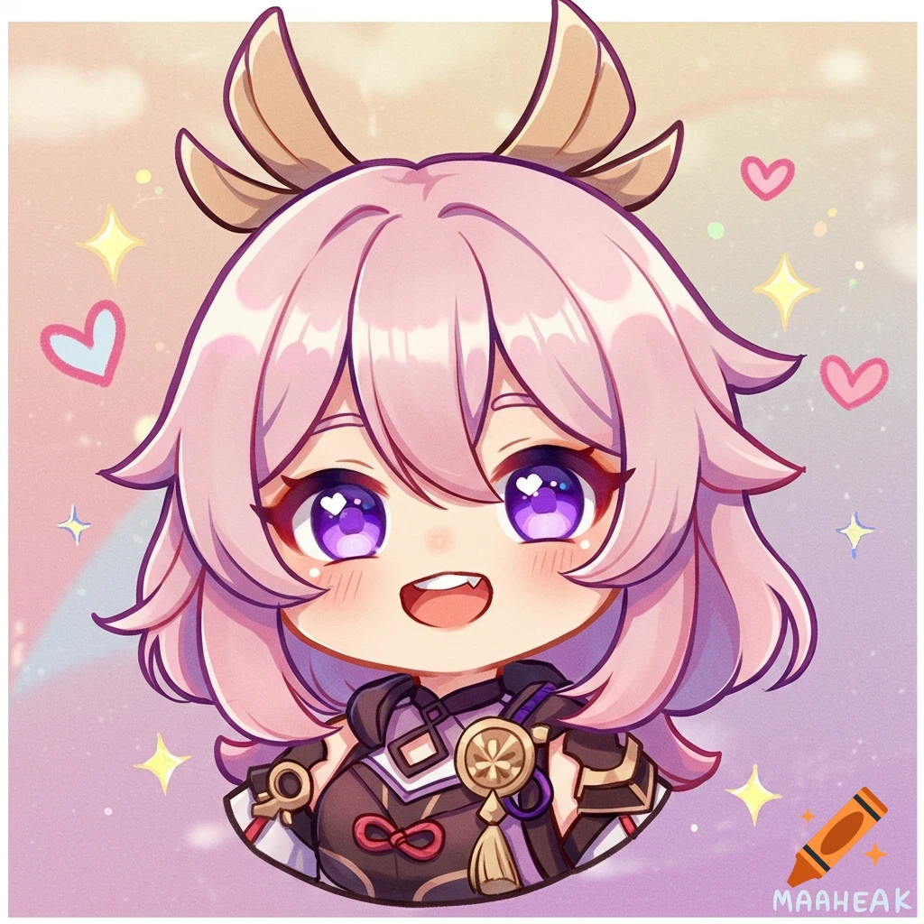 A front-facing chibi character with pink hair and purple eyes, smiling, surrounded by hearts and stars.