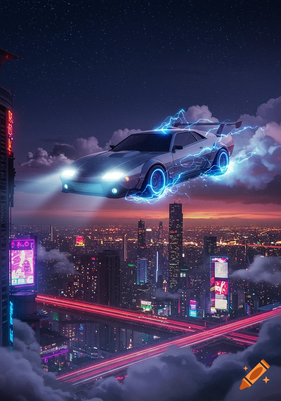A futuristic gray car with blue electricity flies over a neon-lit cityscape at night, with clouds and stars in the sky.