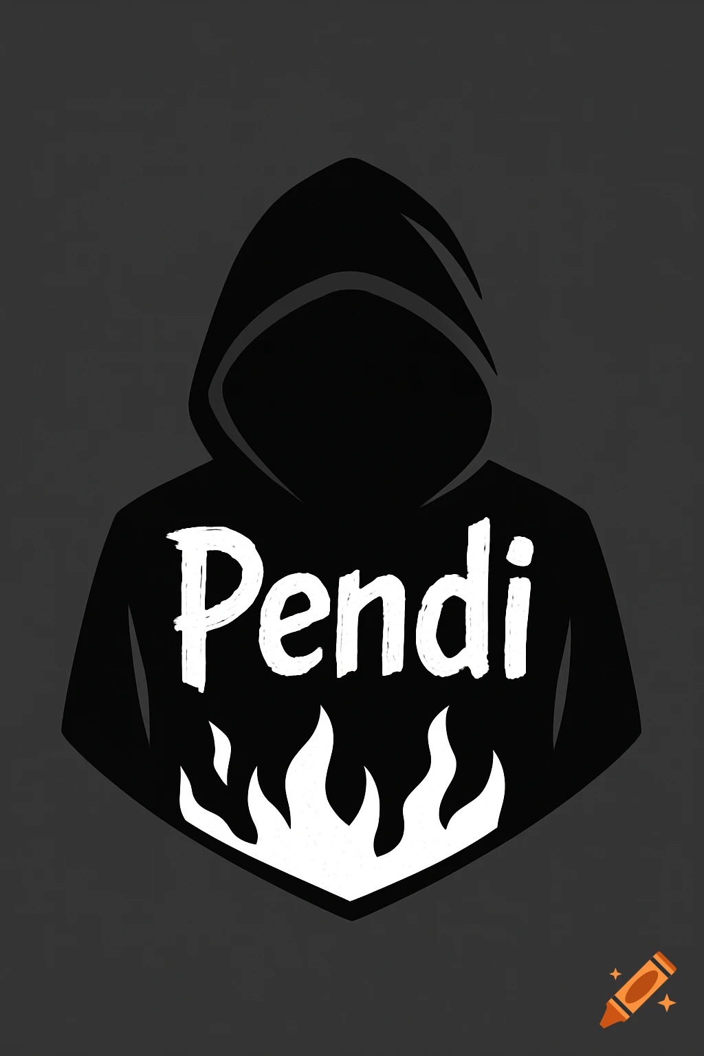 A black hoodie silhouette with the word "Pendi" in a scratchy white font above white flames.