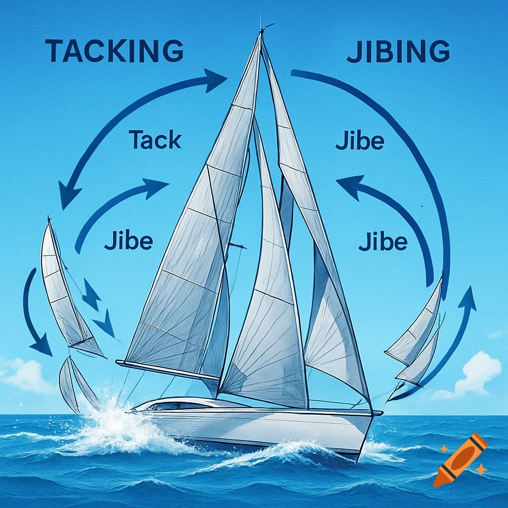 Diagram illustrating tacking and jibing maneuvers of a sailboat on blue water, with arrows and text labels.