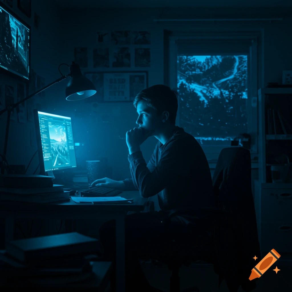 A teenage boy sits at a desk in a dark, blue-lit room, intently looking at a computer screen.