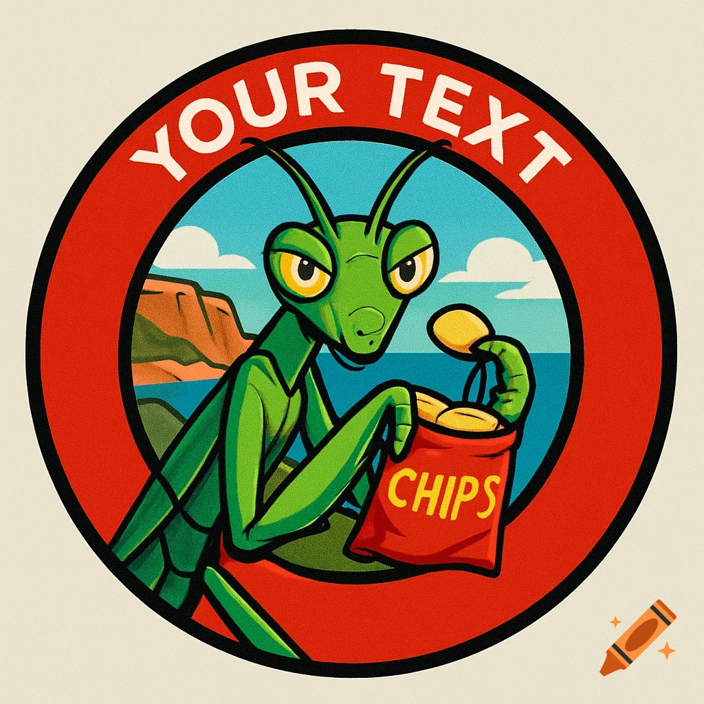 A cartoon praying mantis in a circular patch, holding a red bag of chips and eating one, with coastal cliffs in the background.