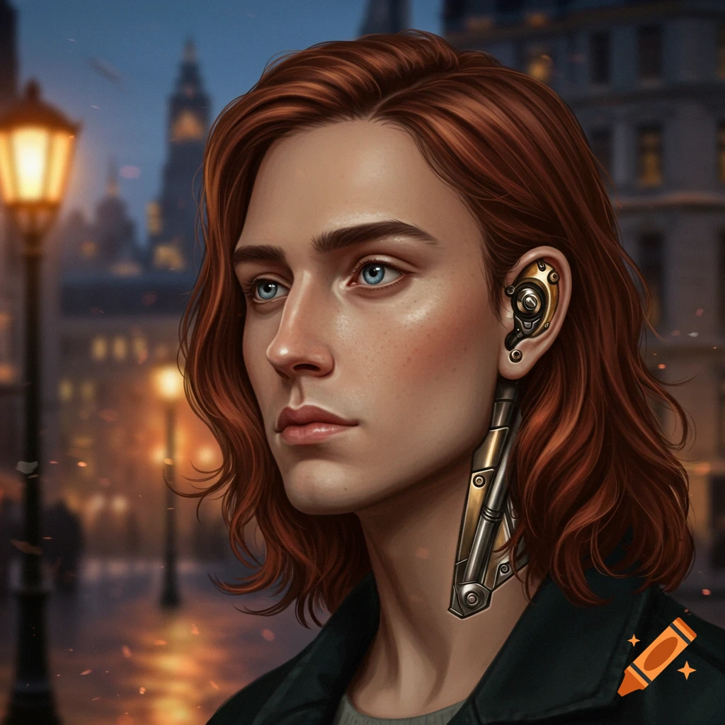 A realistic portrait of a person with long red hair, blue eyes, and a detailed metal prosthetic ear against a blurred city night background.