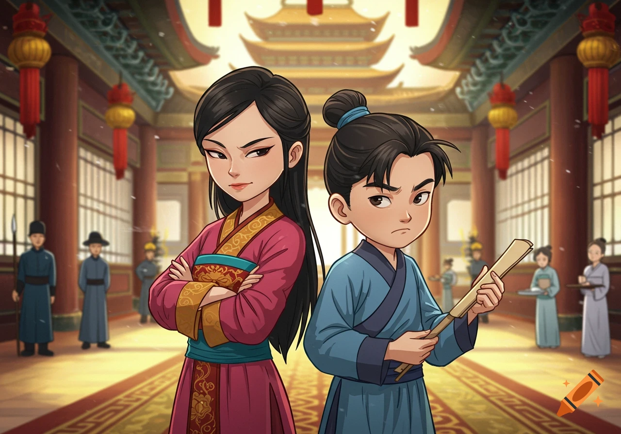 Two young East Asian siblings in traditional Chinese palace attire stand back-to-back in a grand hall in 2D digital animation. The sister looks smug, the brother looks confused.