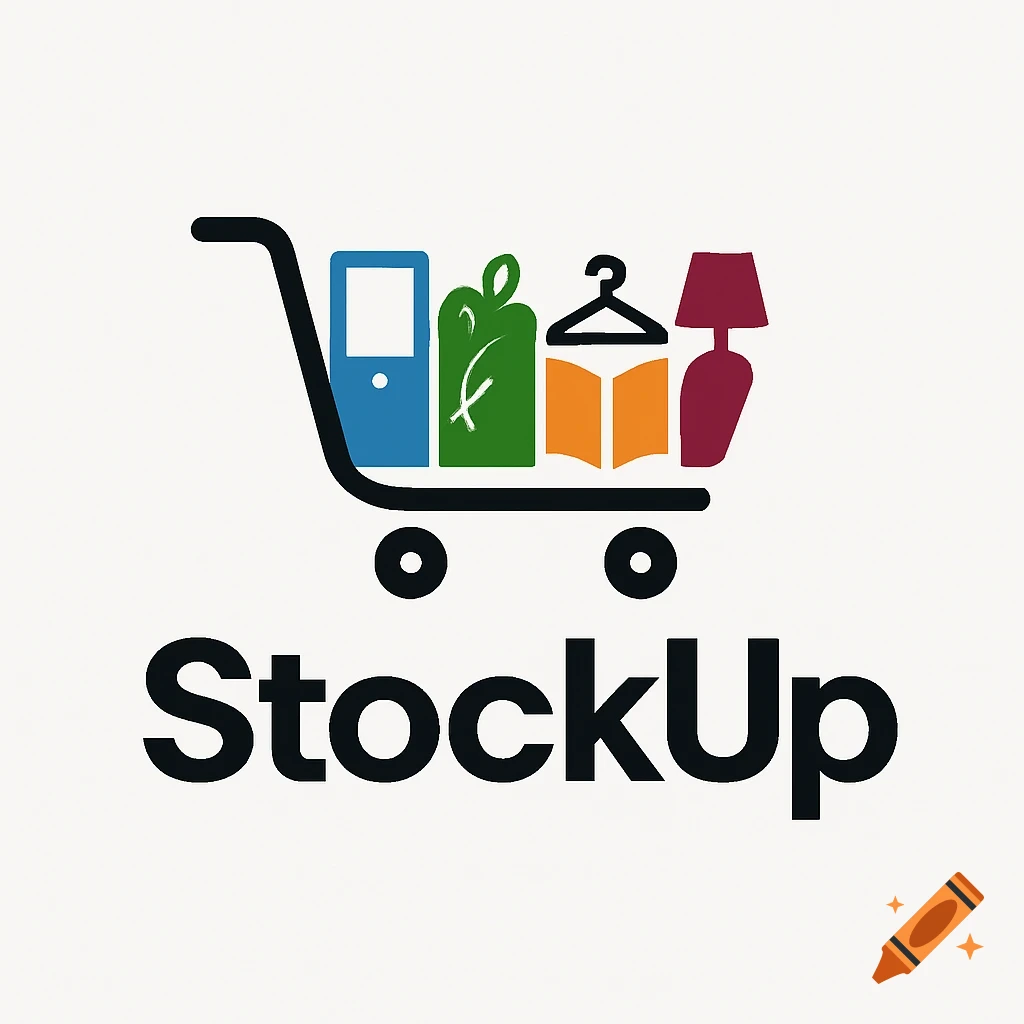 A logo for "StockUp" featuring a shopping cart filled with abstract icons representing electronics, grocery, clothing, books, and home decor items.