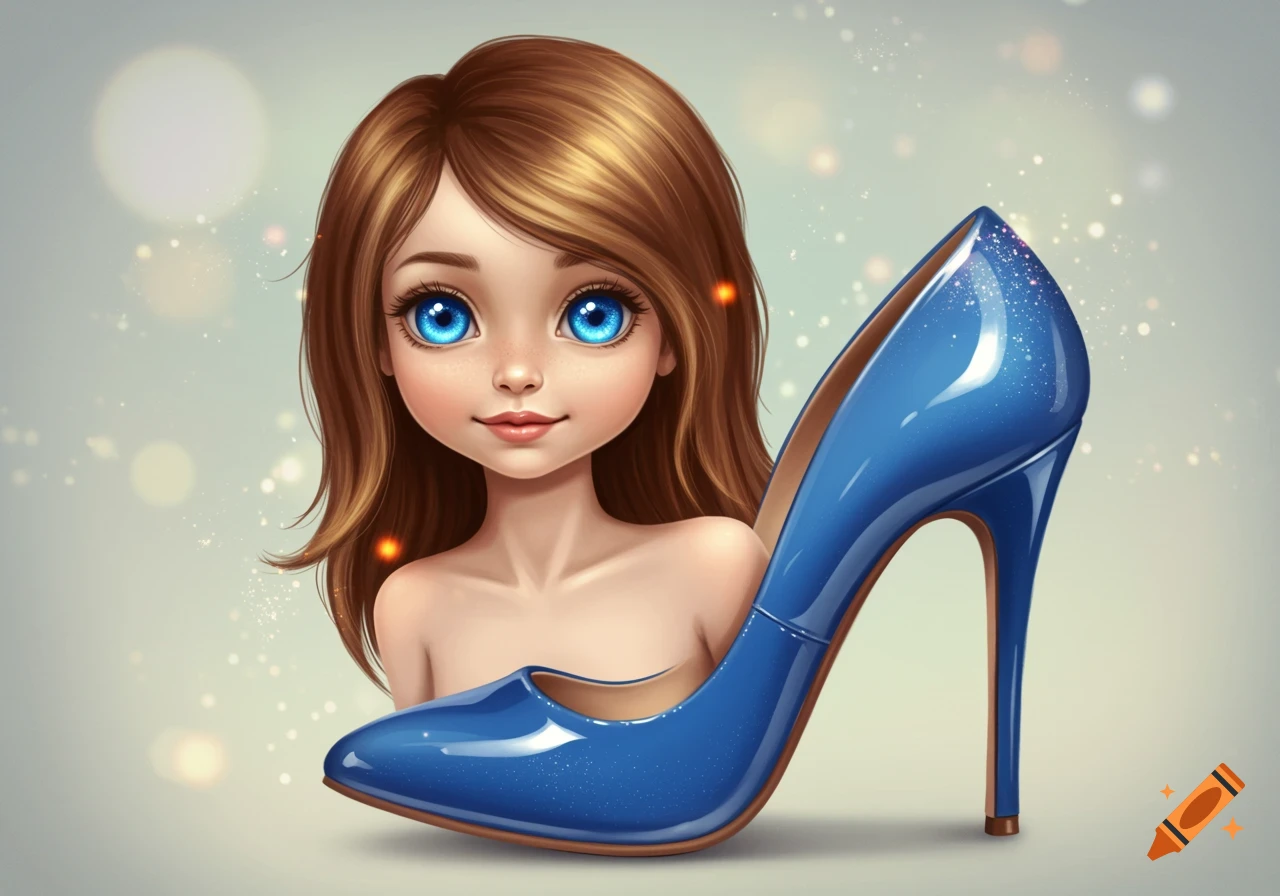 A stylized illustration of a child's head with brown hair and blue eyes, emerging from a shiny blue high-heeled shoe.