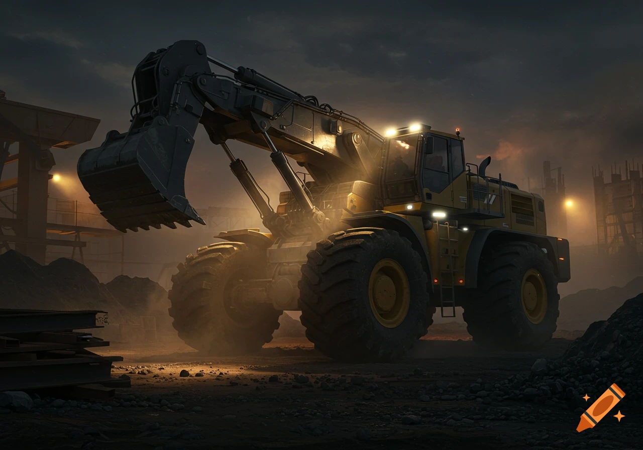 A large yellow excavator at a dusty construction site under a dark, cloudy sky, lit by bright lights.