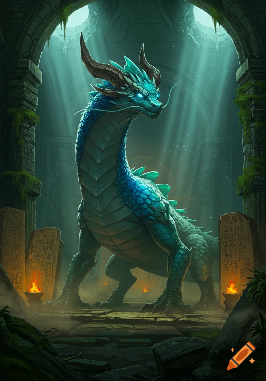A majestic blue dragon with glowing eyes stands within an ancient, mystical ruin, illuminated by rays of light.