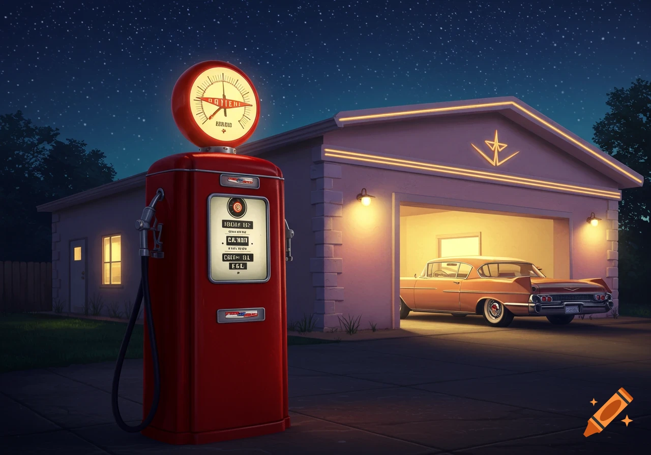 A classic red 1950s style fuel pump stands prominently in the foreground at night, with a vintage peach-colored car parked inside a brightly lit garage in the background. The sky is dark with visible stars.