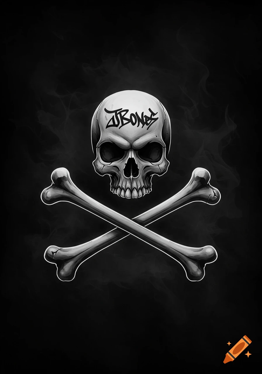 A black and white graphic illustration of a skull and crossbones with 'JBONES' written on the skull's forehead.