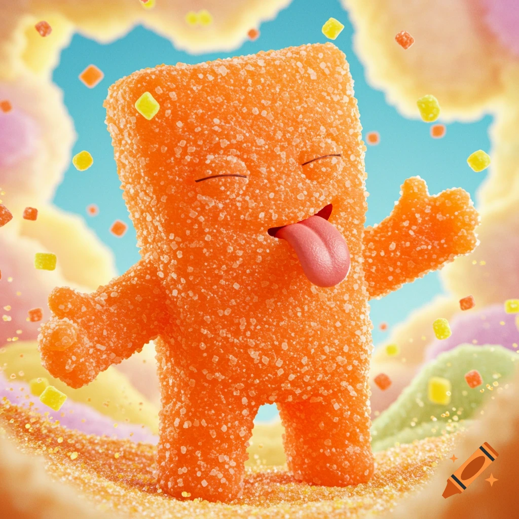 An orange, sugar-coated candy character with a rectangular body and small arms, sticking its pink tongue out, against a bright blue sky with colorful floating candy pieces.