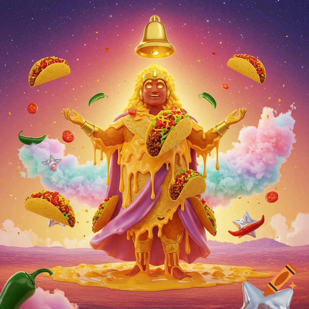 A golden, god-like figure covered in cheese sauce and tacos stands in a surreal landscape with a giant bell above.