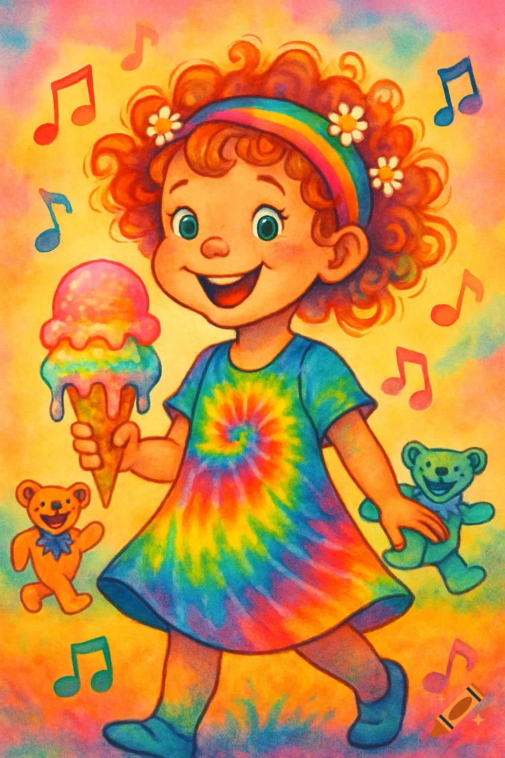 A colorful cartoon girl in a tie-dye dress holds a melting rainbow ice cream cone, with musical notes and Grateful Dead bears around her.