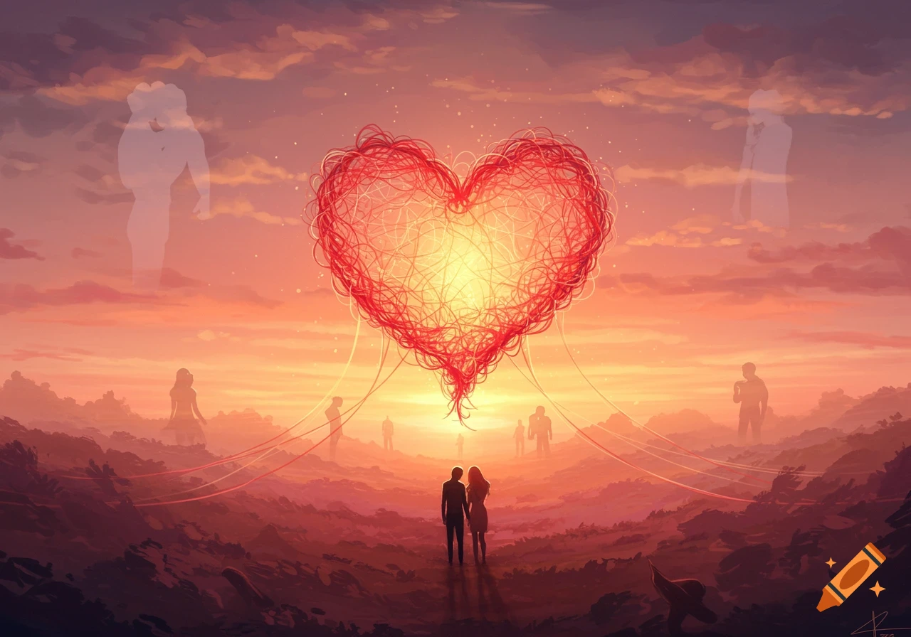 Stylized illustration of a couple holding hands, looking at a large glowing red heart made of tangled threads in a sunset landscape.