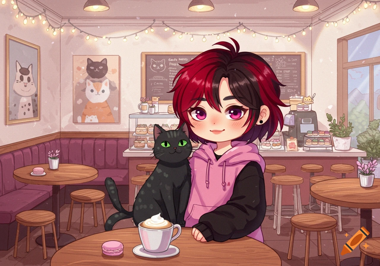 A chibi character with red and black hair and a black cat sit at a table in a cozy anime-style cafe.