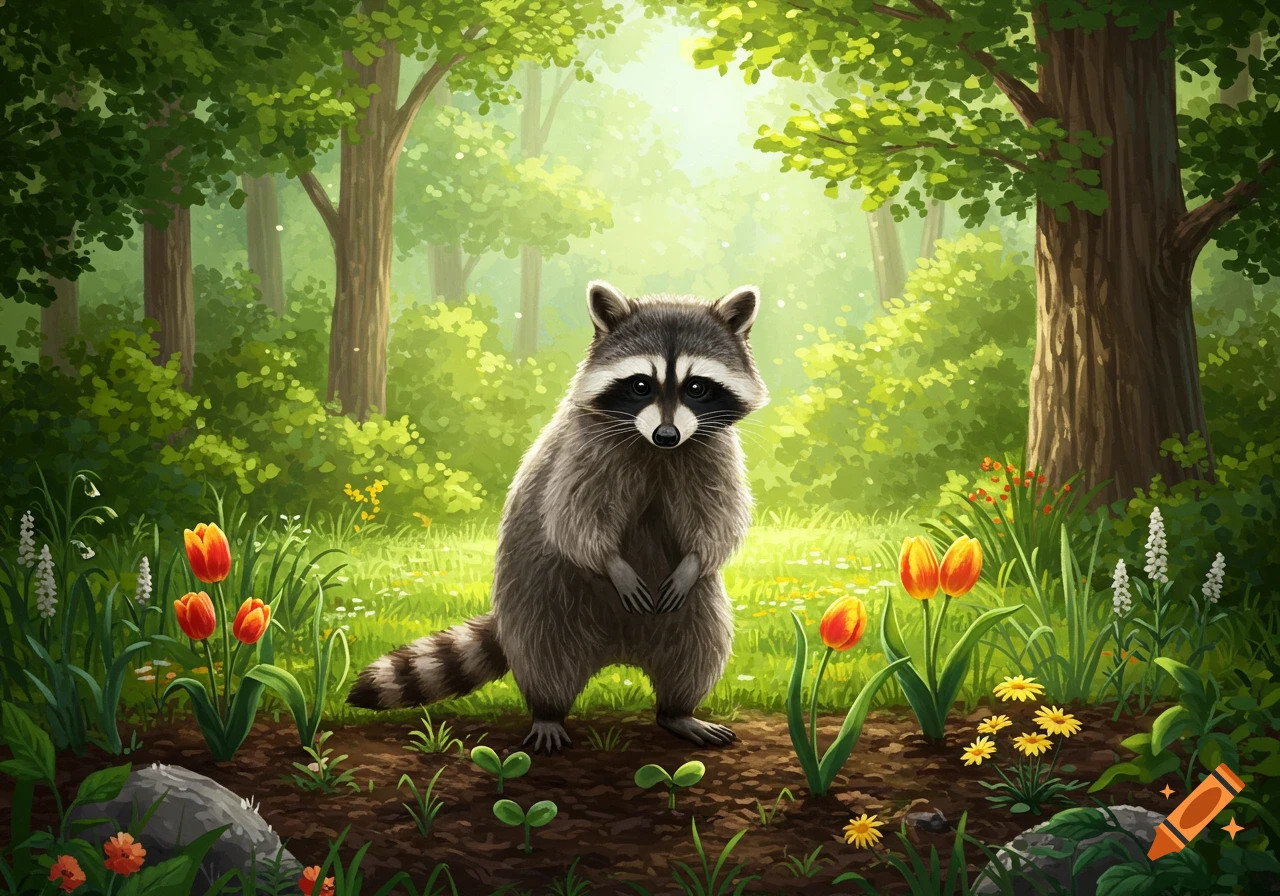 A cartoon raccoon standing in a vibrant green forest with orange and yellow tulips.